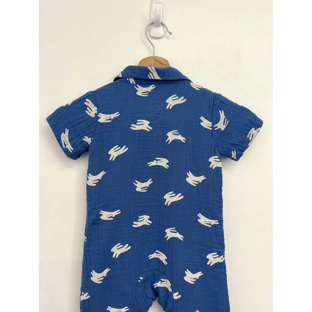 Hanna Andersson Cotton Muslin Bunny Print Romper Polo Short-Sleeve Snap 18-24 mo